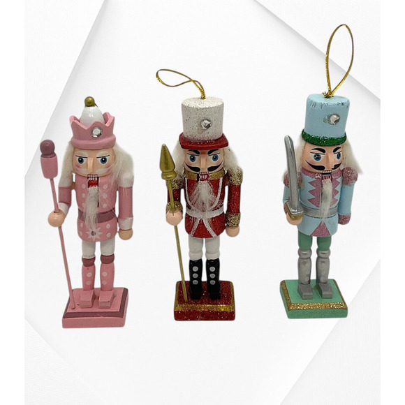 Nutcracker Soldiers Ornaments Set/3 Christmas Tree Crystal Wooden Multicolor NEW - Picture 1 of 5